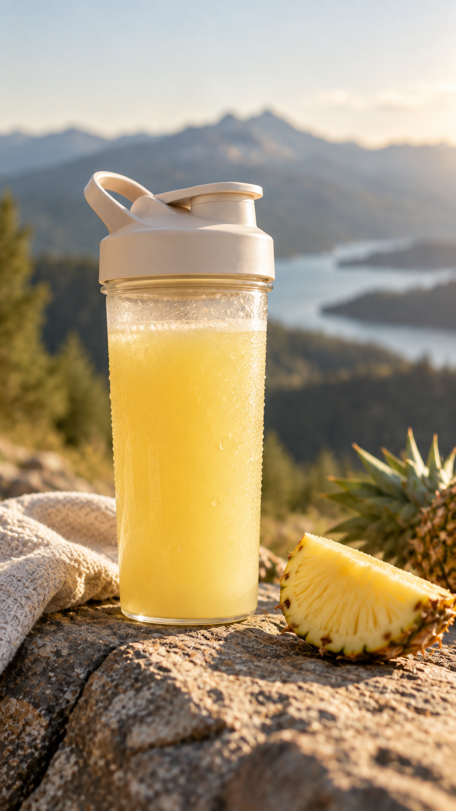 A shaker of PREP beside fresh pineapple on a mountain overlook