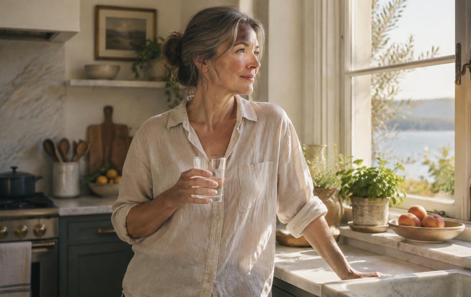 Woman at home holding a glass of water by a sunny kitchen window