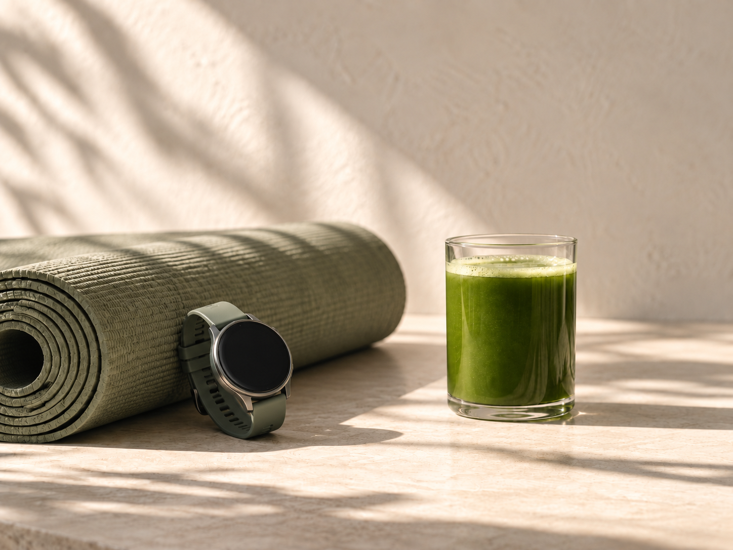 Green drink beside a yoga mat and fitness watch