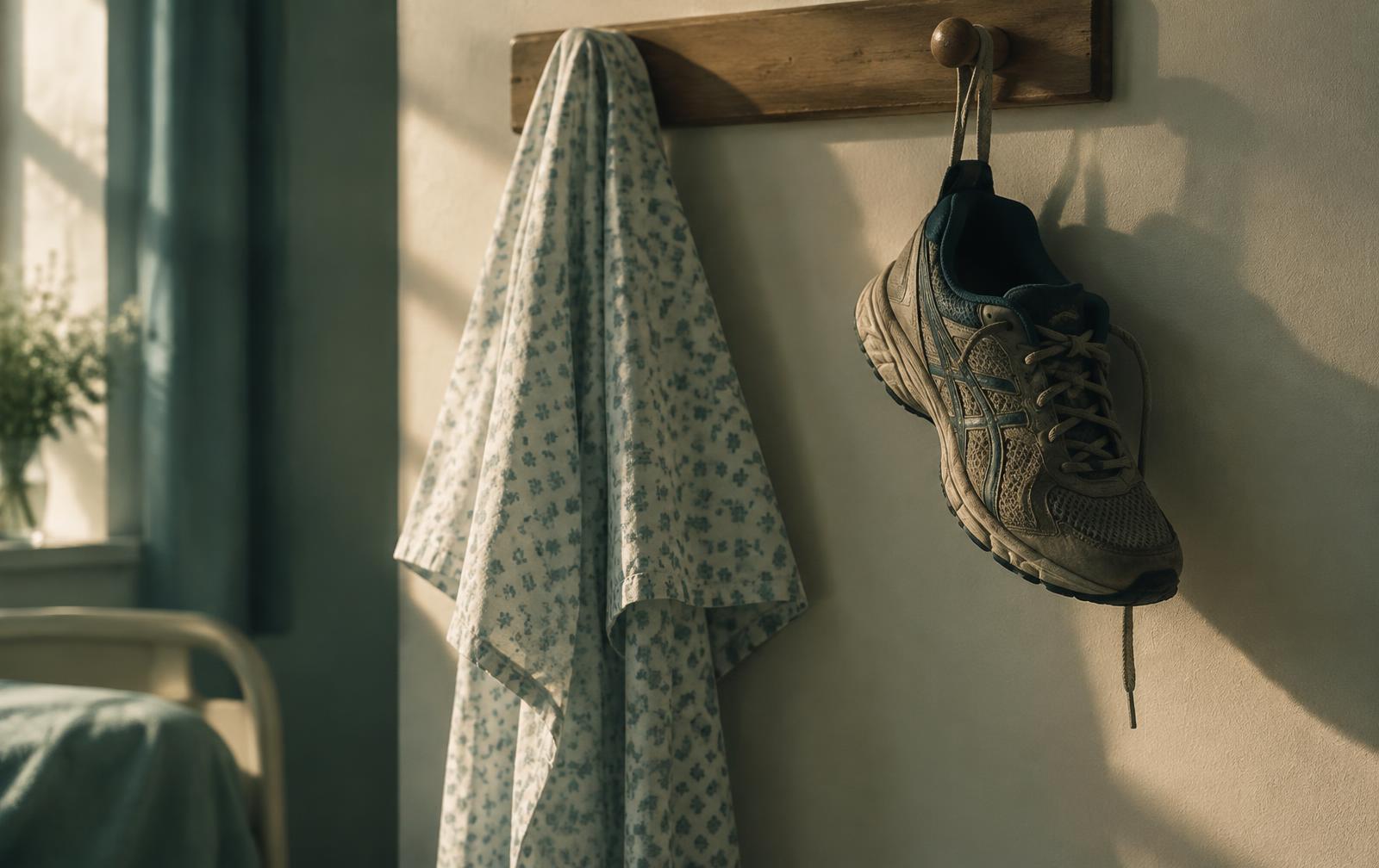 A folded hospital gown beside a pair of running shoes
