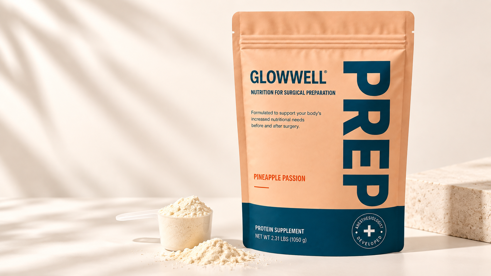 The PREP™ pouch upright on a warm cream surface beside a clear scoop