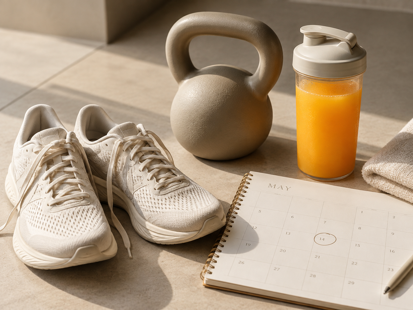 Training shoes, kettlebell, PREP shaker, and a marked calendar