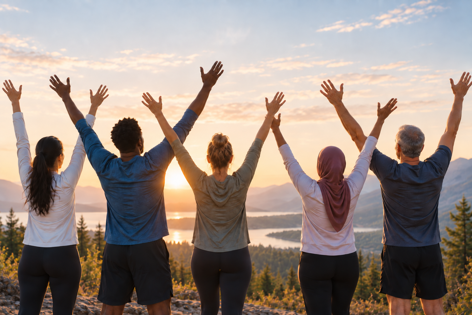 Friends raising their arms at sunrise