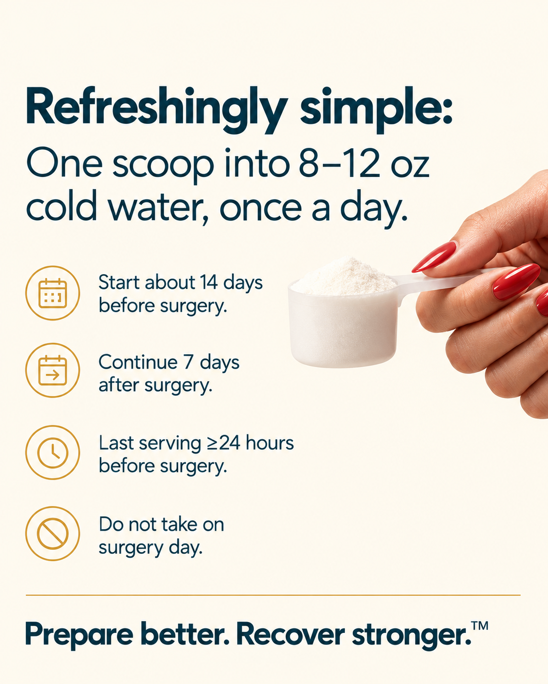 One scoop into 8–12 oz cold water, once a day, with the surgery timing rules