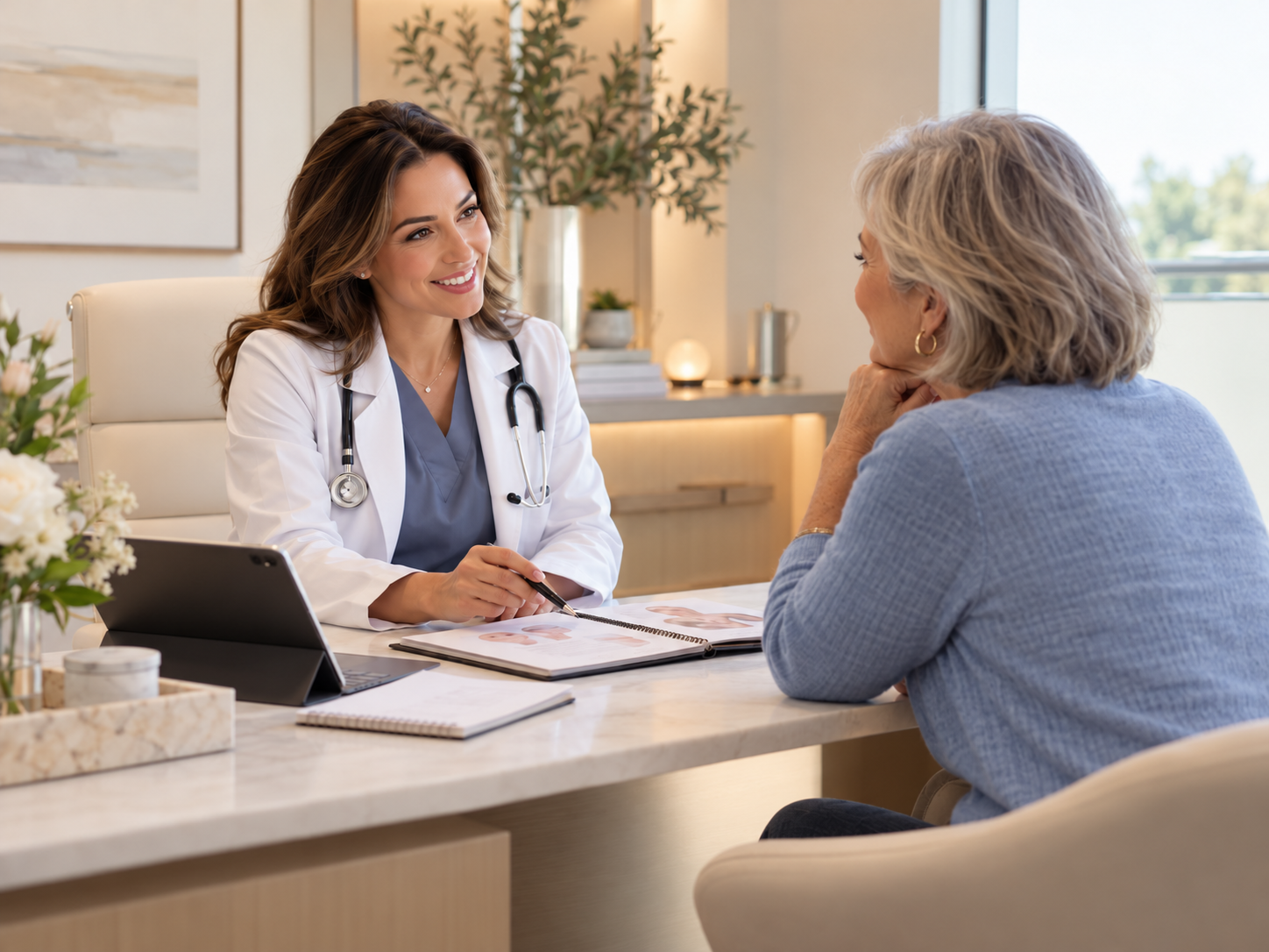 A physician reviewing a surgery preparation guide with a patient in a bright clinic office