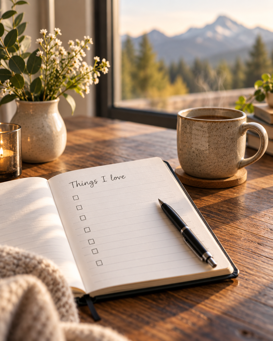 An open journal headed Things I love beside a mug in morning light