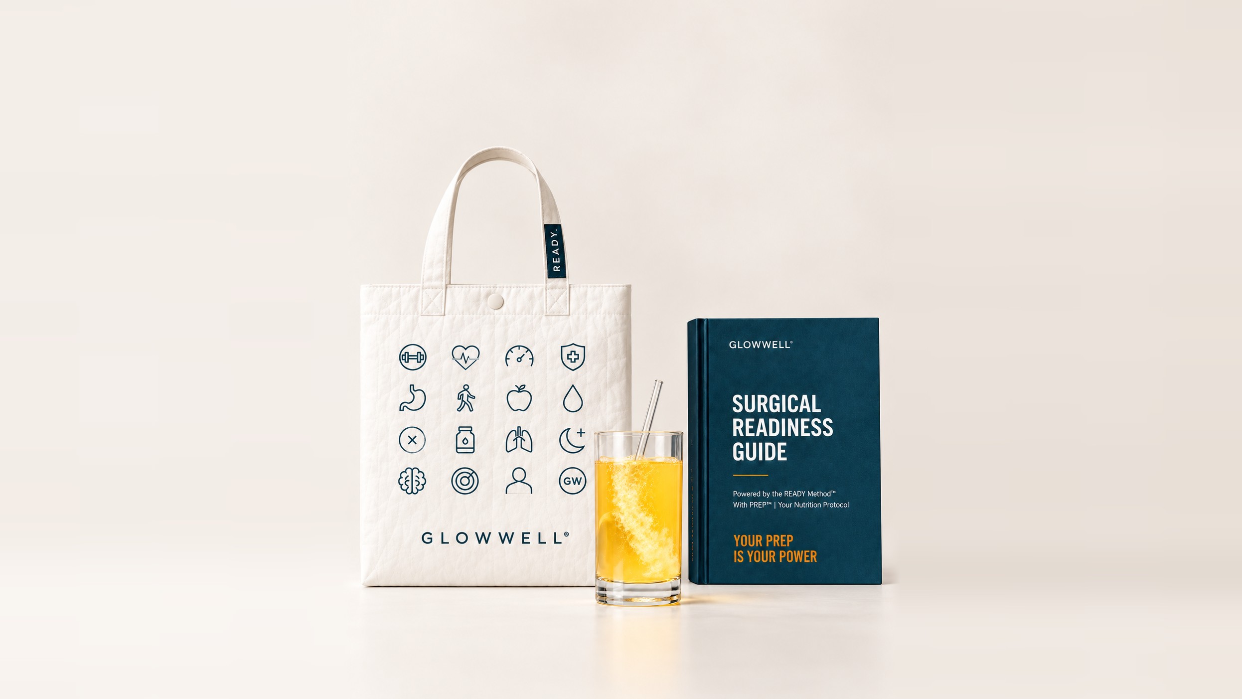 The GlowWell Surgery-Day Companion Bag, a glass of PREP drink and the Surgical Readiness Guide
