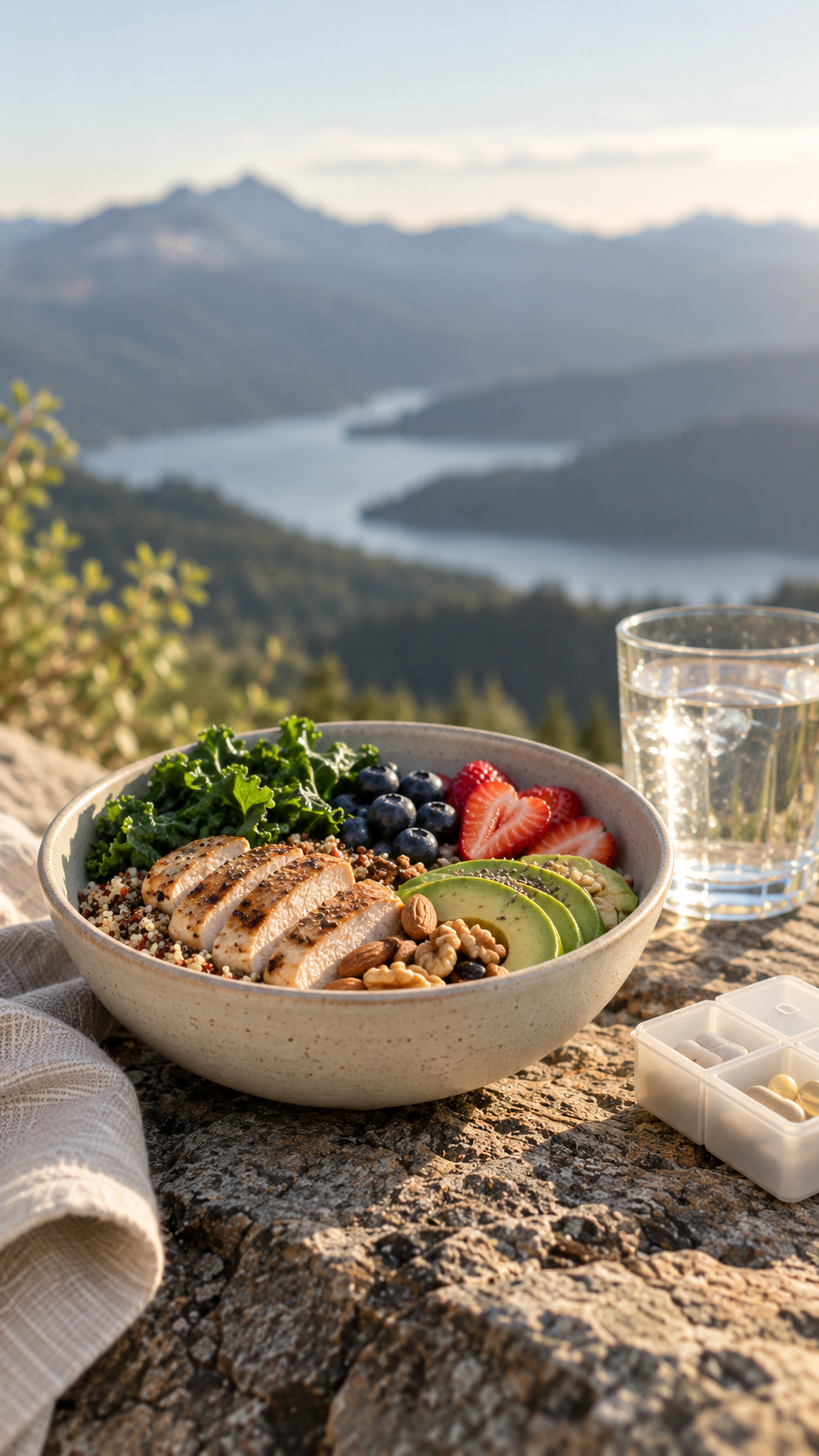A bowl of grilled protein, greens, berries, avocado and nuts with water