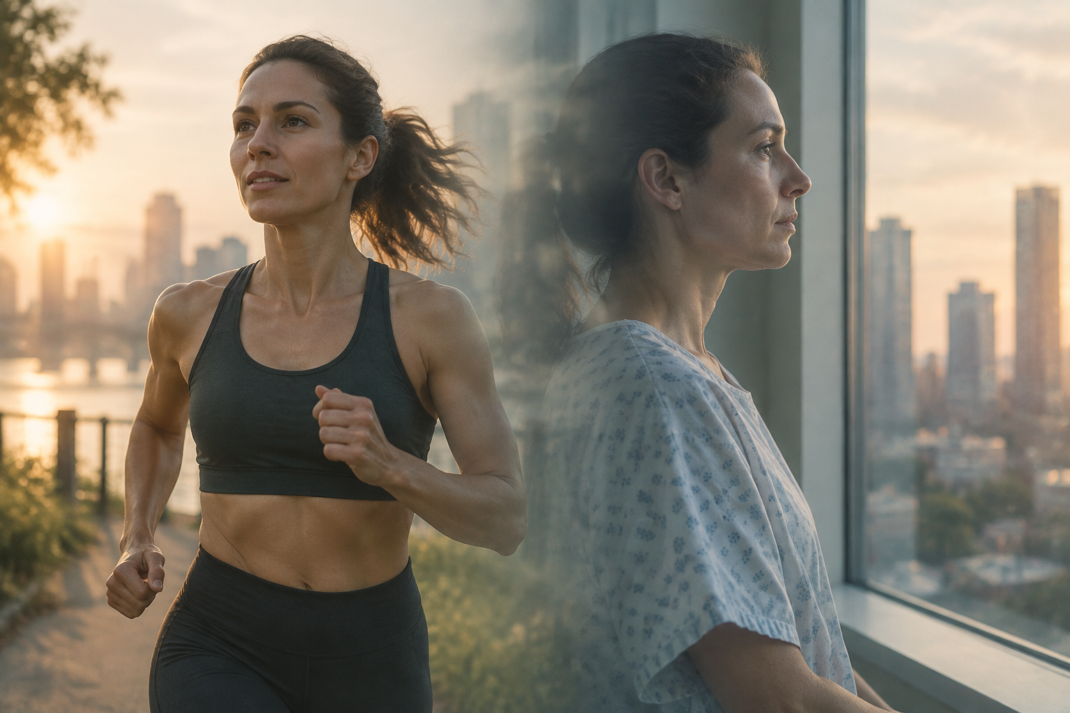 A woman as both an athlete in motion and a patient preparing for surgery