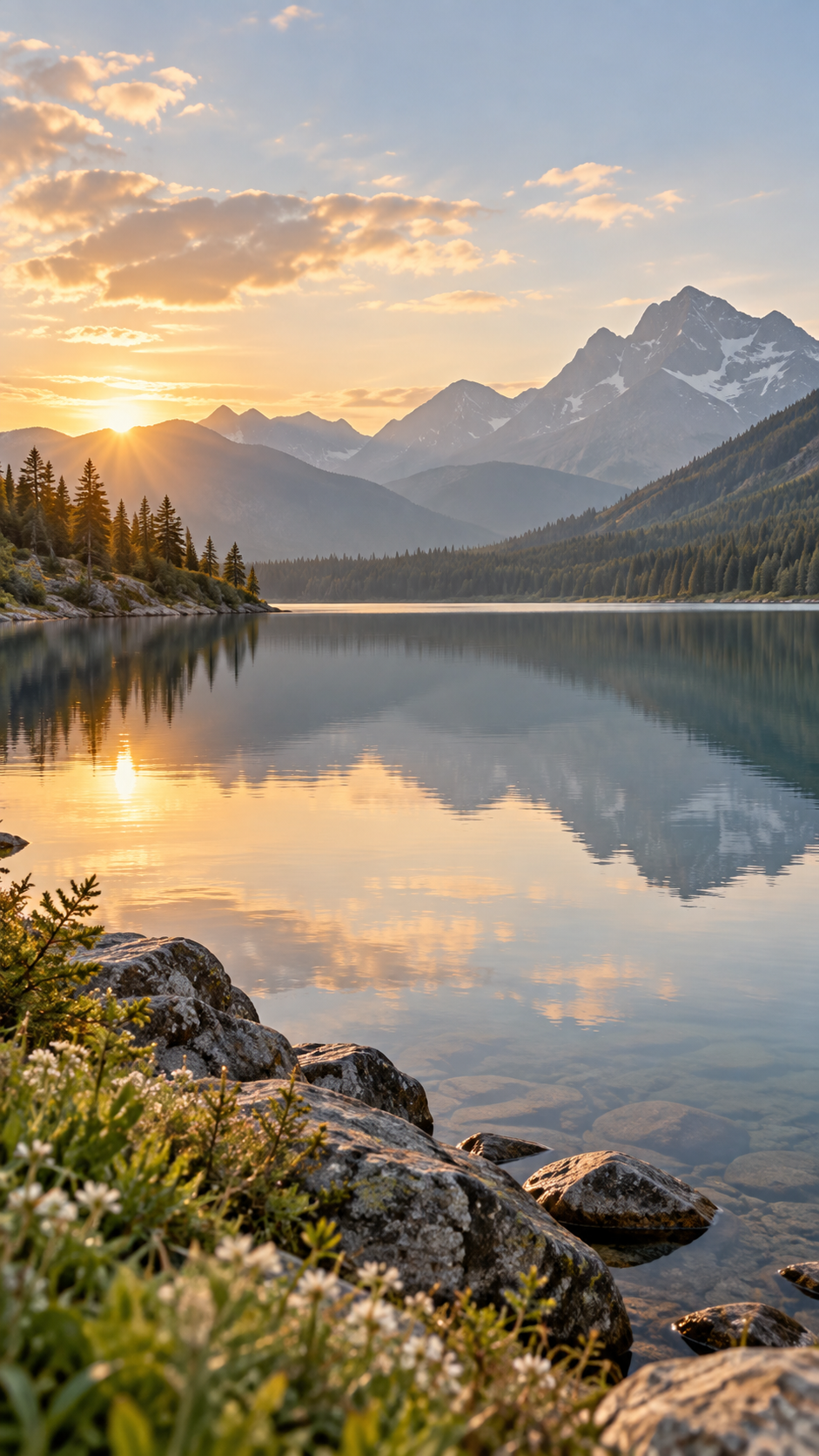 A still alpine lake reflecting mountains at sunrise