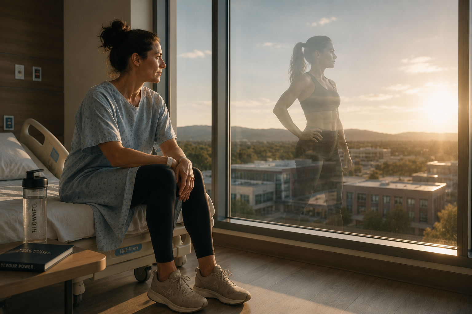 A patient sitting on a hospital bed, her reflection in the window standing strong as an athlete