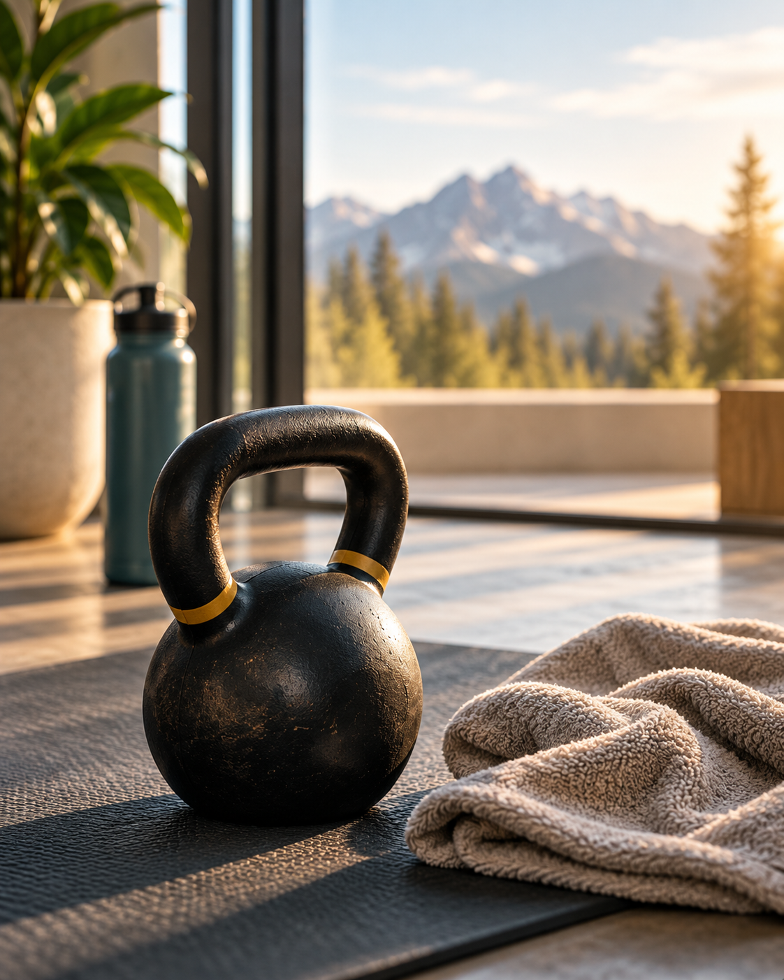 A kettlebell and towel on a mat beside a window with a mountain view