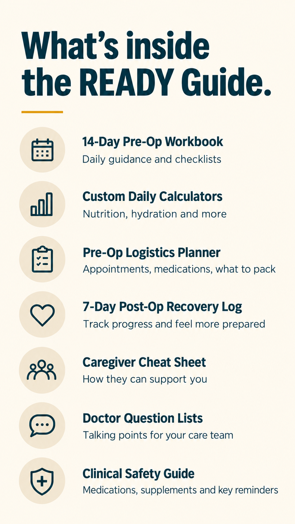 What's inside the READY Guide: pre-op workbook, daily calculators, logistics planner, recovery log, caregiver cheat sheet, doctor question lists, clinical safety guide