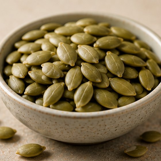 Raw pumpkin seeds, warm side light.