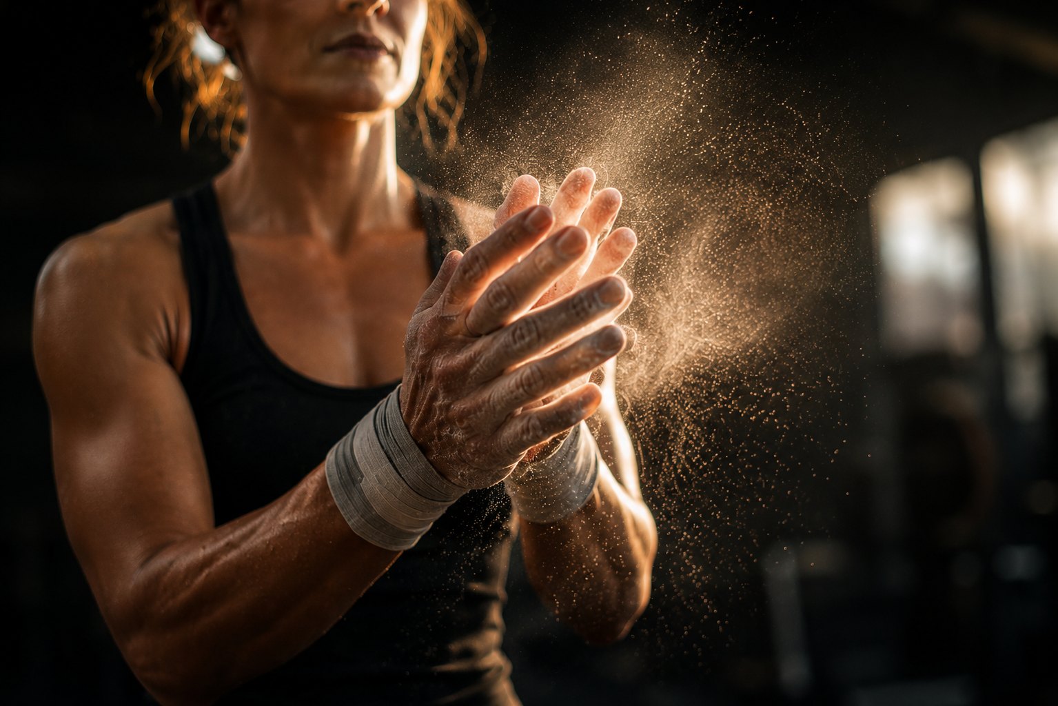 Hands clapping chalk into the air in a gym