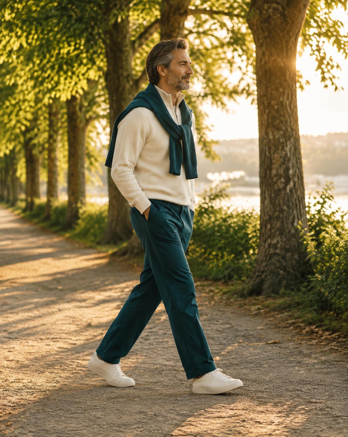 Man taking an easy morning walk on a sunlit path