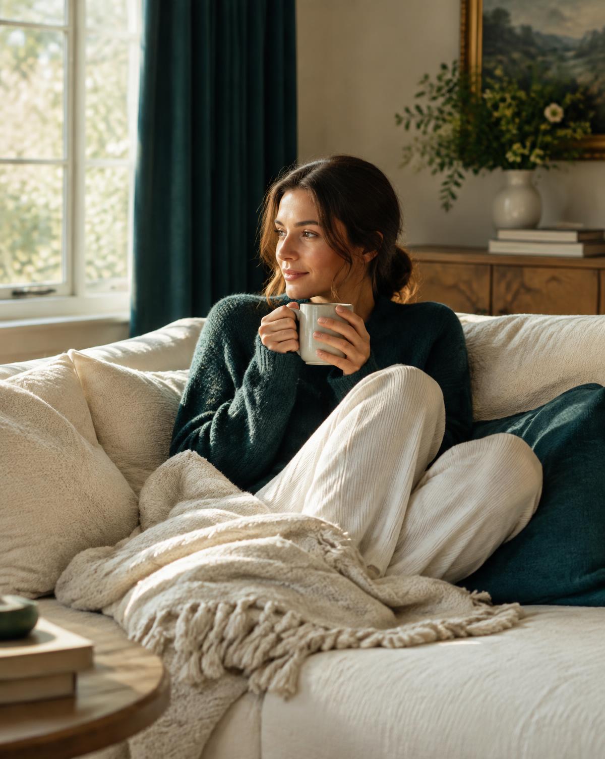 Woman resting on a cream sofa holding a warm mug