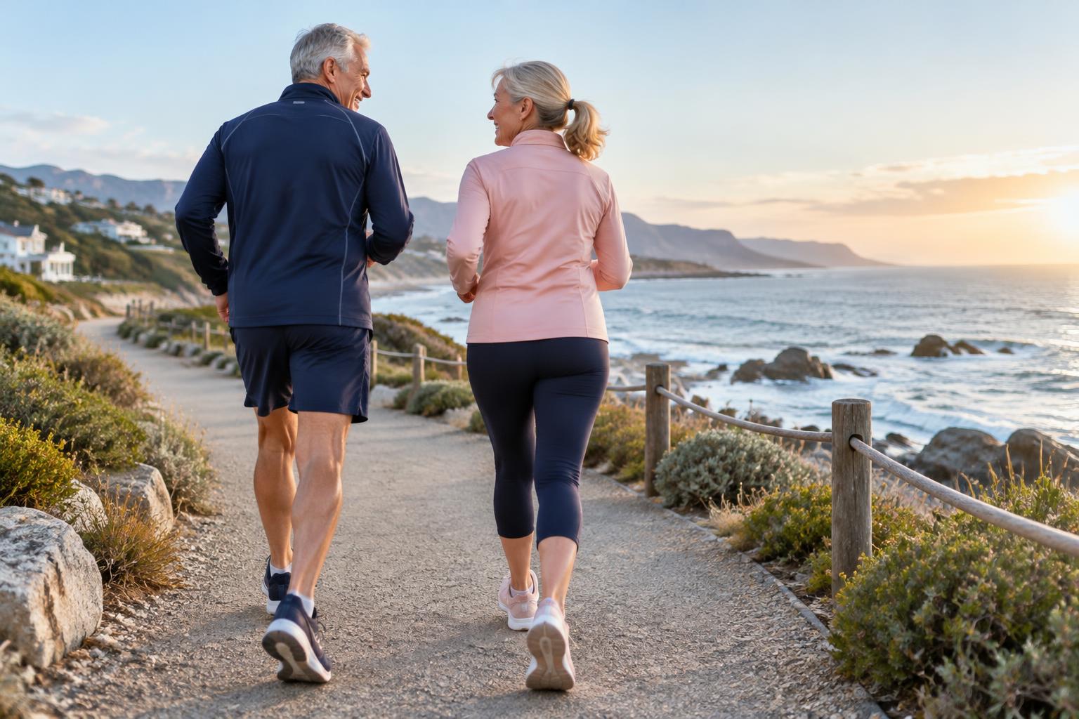 A couple walking together along a coastal path at sunrise