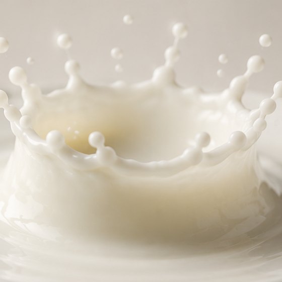 A single milk droplet meeting a white pool.