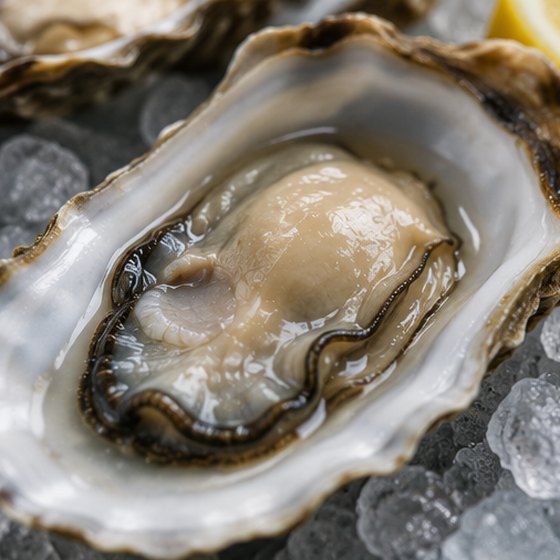 Raw oyster flesh in brine.